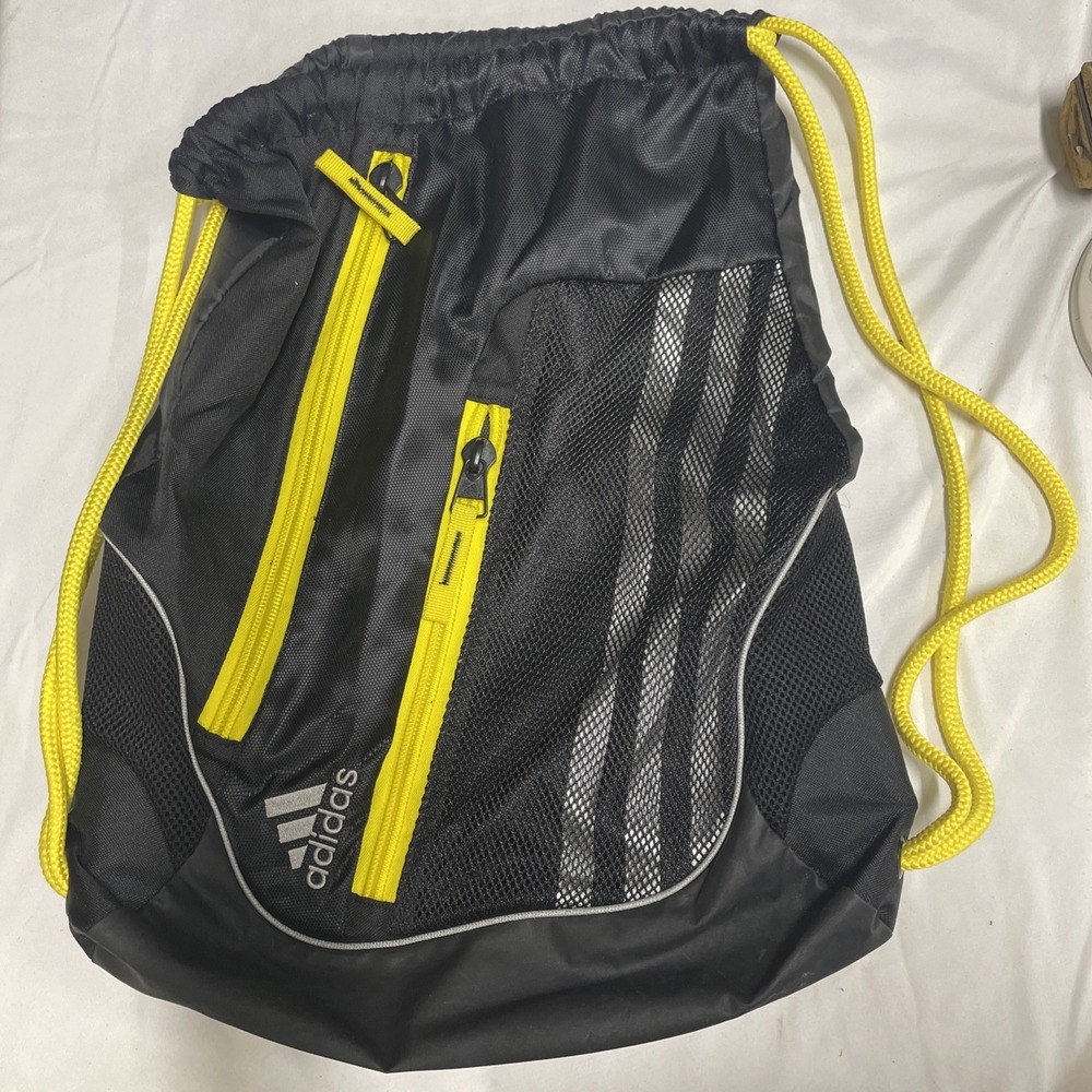 Adidas Drawstring Gym Sack with‎ Zip Pockets and Mesh Panel Black With Yellow